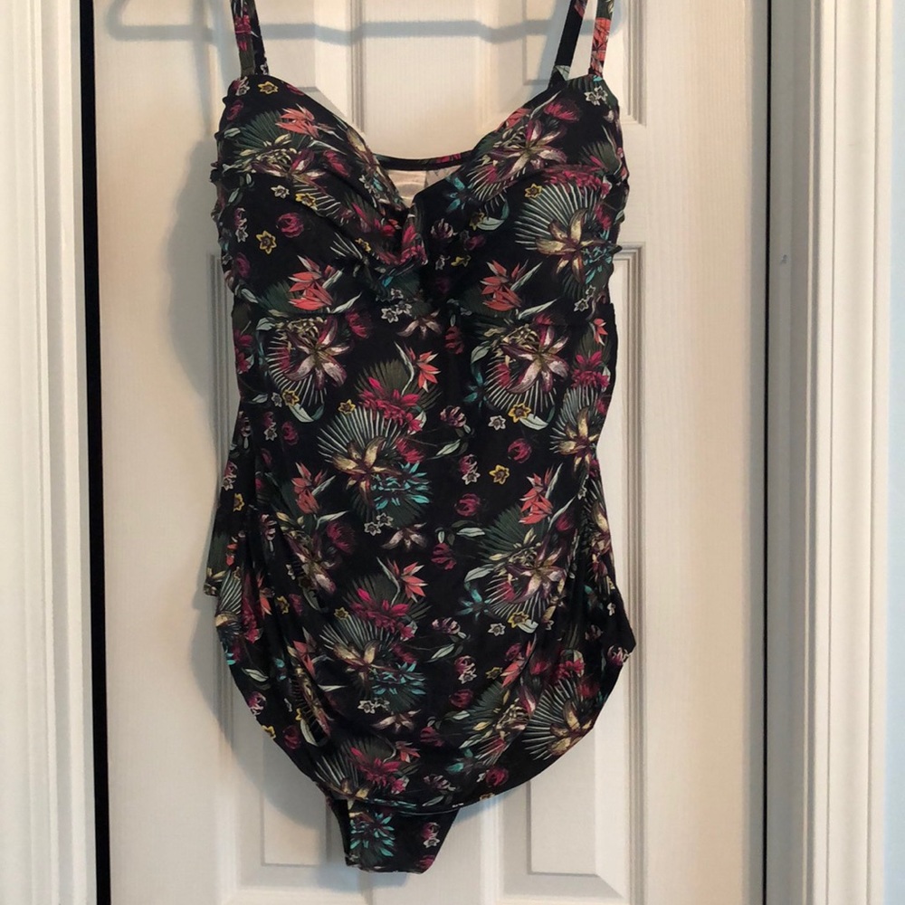 Black floral print one piece bathing suit